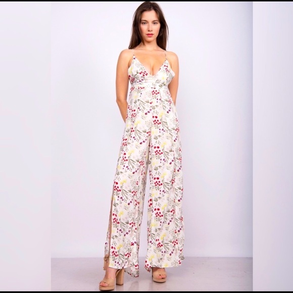 Olivaceous Pants - Women’s White Tie Back Floral Jumpsuit Romper Spring Trendy Flare Leg S M L